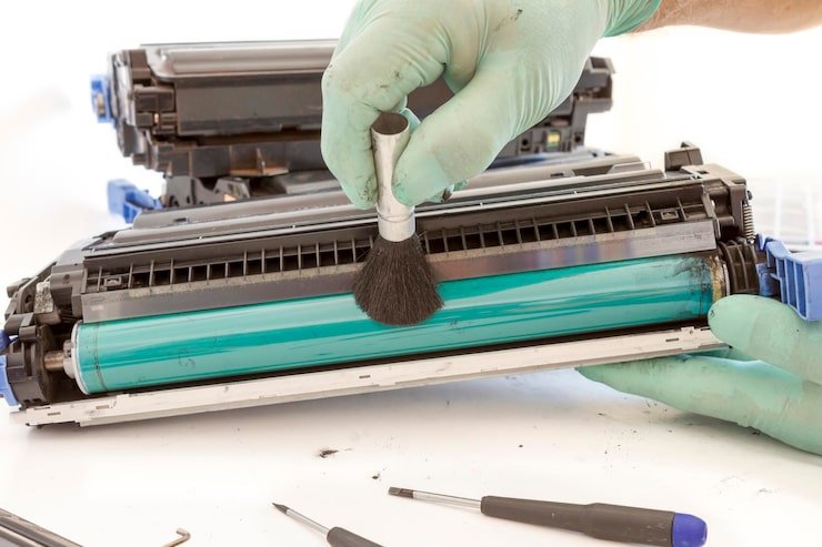 person-cleaning-printer toner on -table-against-white-background